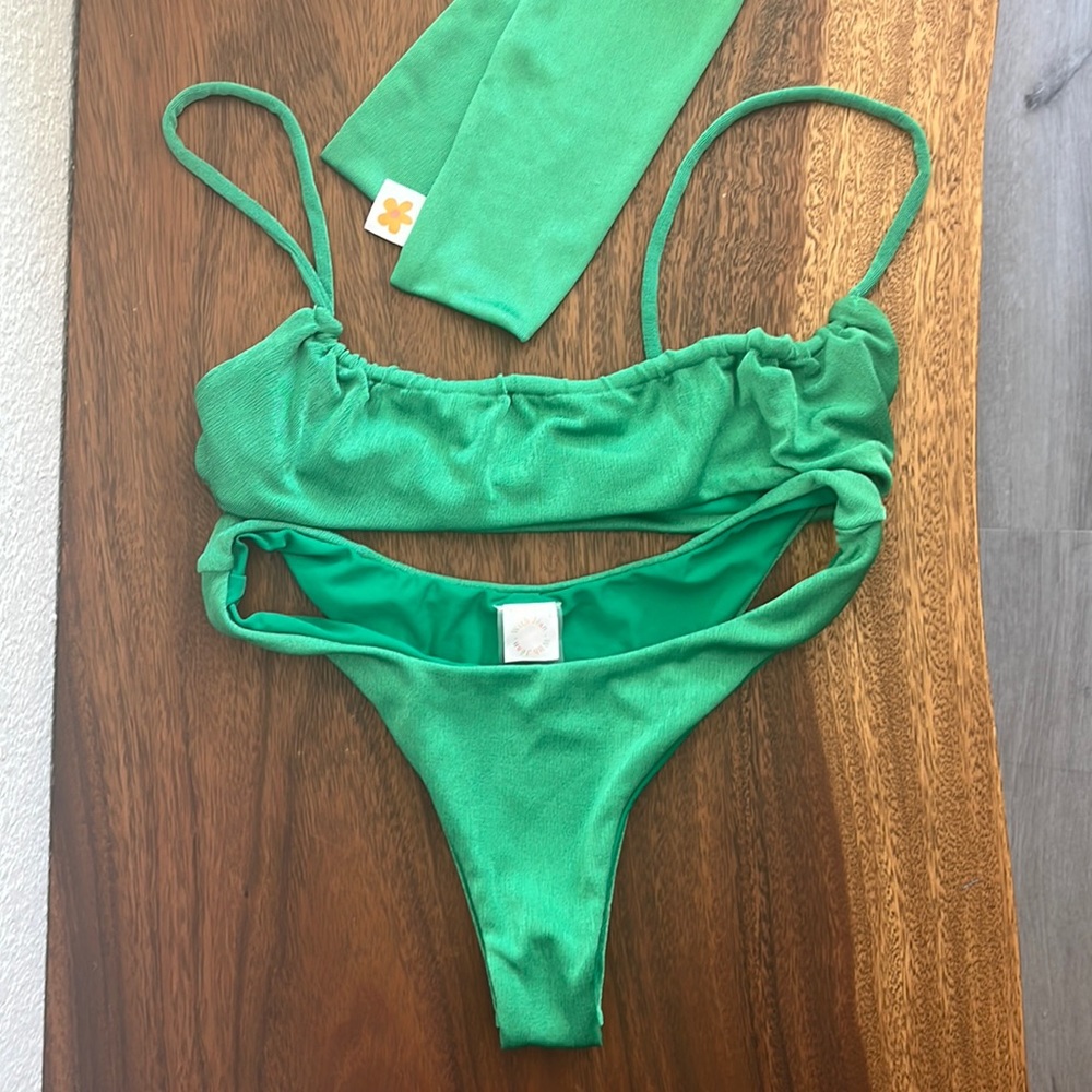 BRAND NEW GREEN WITH JEAN BIKINI SET. SMALL. NEVER WORN.